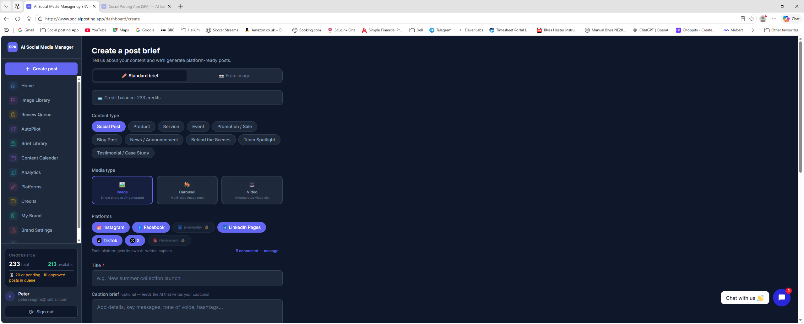 SPA dashboard — Create a brief
